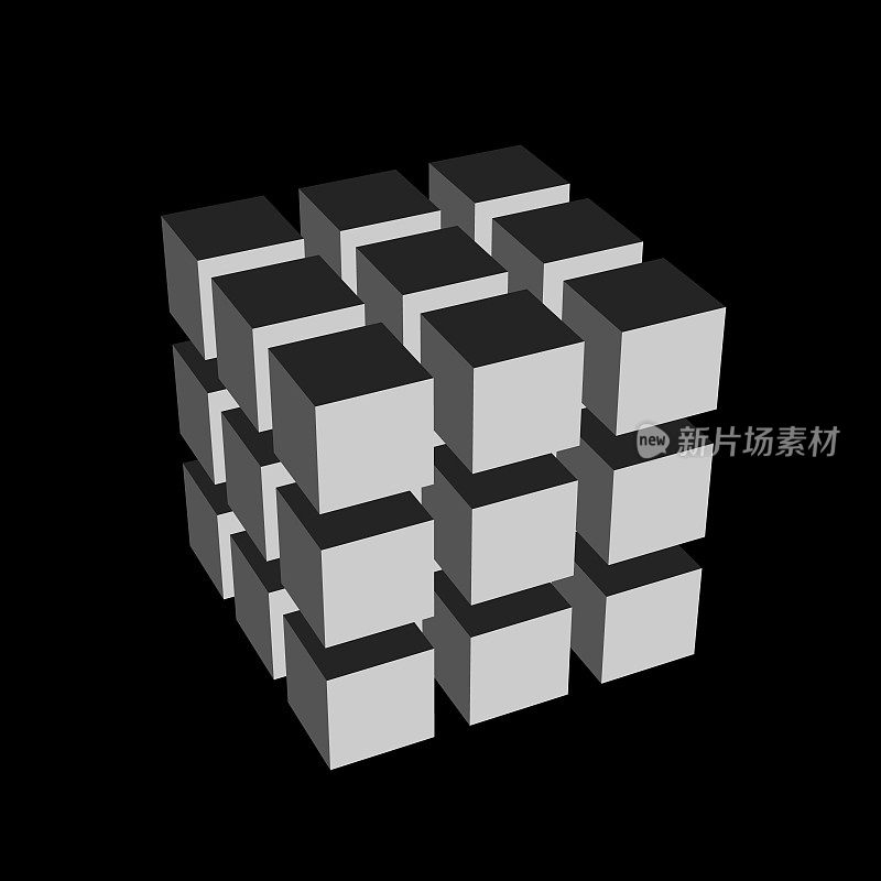 3x3x3 = 27个立体立方体的3D渲染，不同的阴影面有间隙和透视图。